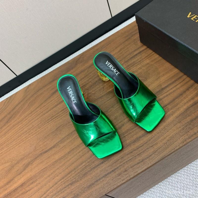 2025 Women VERSACE Green Leather Slippers