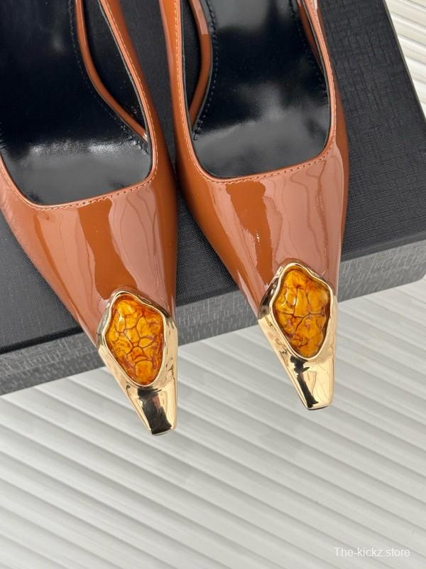 2024 Women Yves Saint Laurent Brown Patent Leather High Heels Metal Tip MJ00330