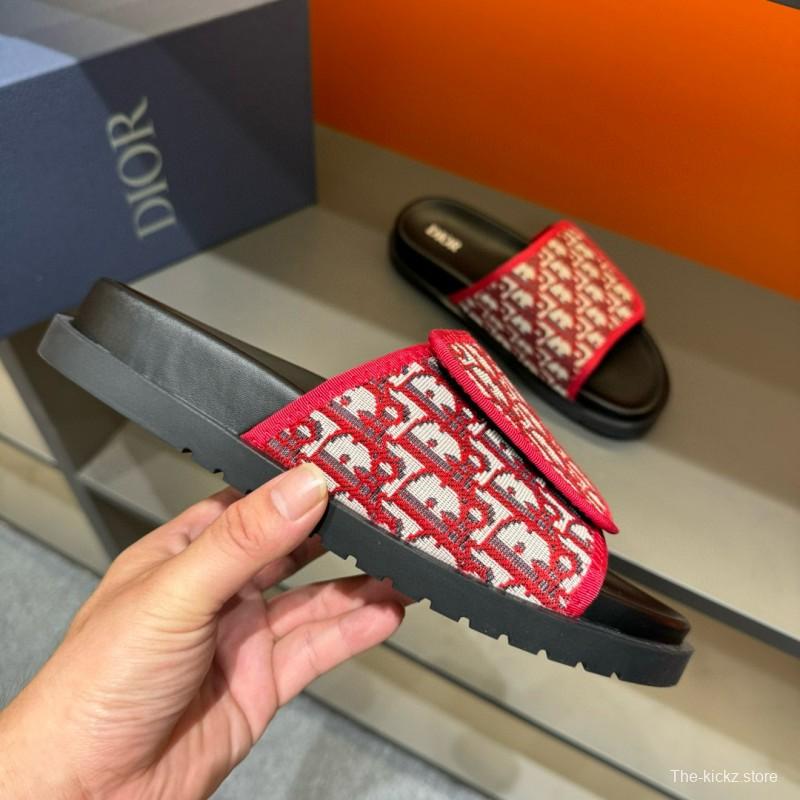 2024 Dior Red White Jacquard Slippers MJ00180