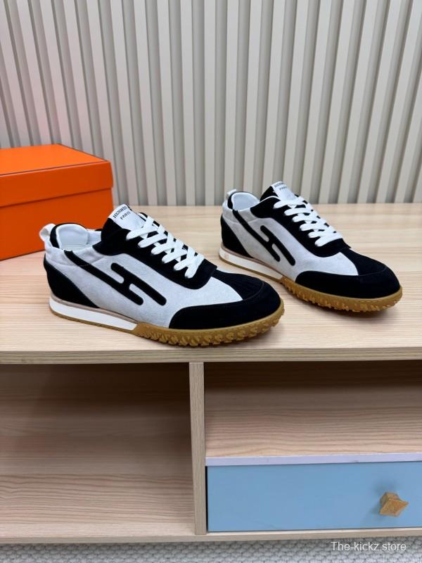 2025 Unisex Hermès Black White Suede Goat Leather Sneakers Top Version LY00310