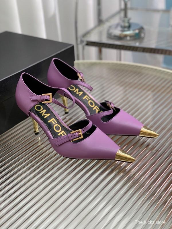 2025 Women TOM FORD Purple Gold Leather Pointed Toe Heels KFY00320