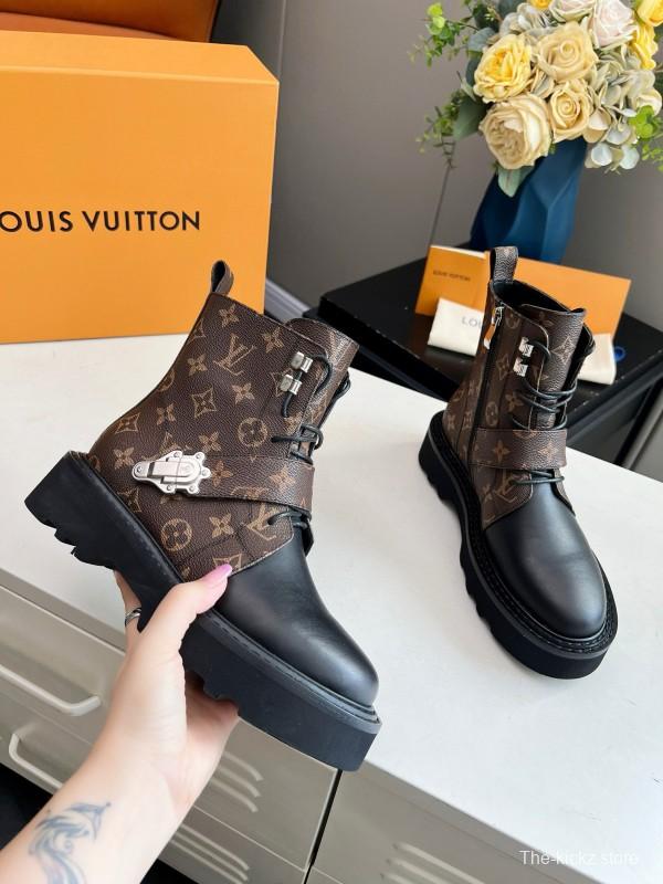 2024 Women Louis Vuitton Brown Black Leather Ankle Boots MJ00310