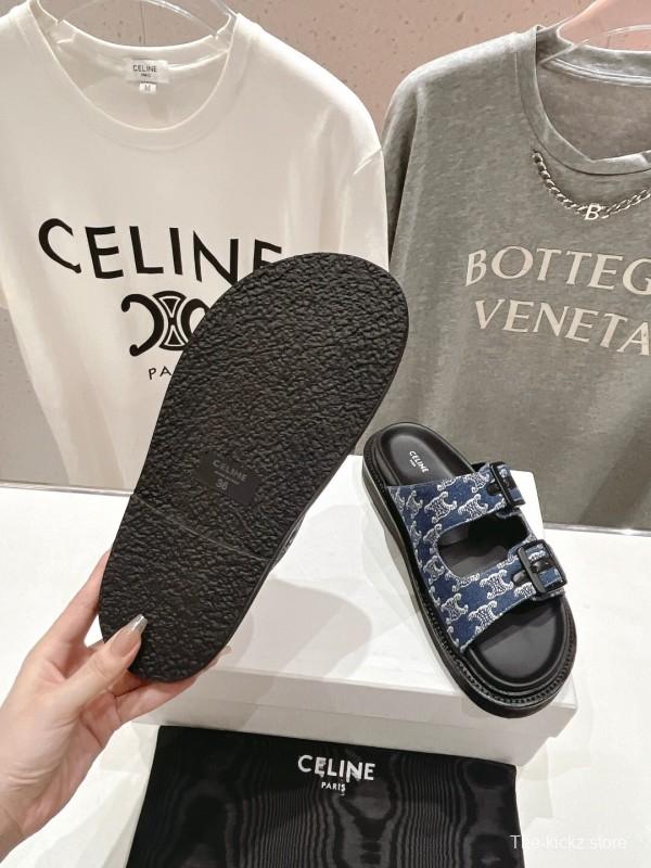 2025/Unisex CELINE Blue Denim Buckled Slide Sandals Stylish Comfort KFY00280