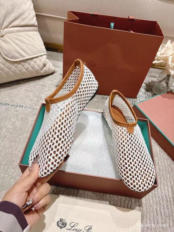 2025 Women LP White Brown Leather Mesh Ballet Flats