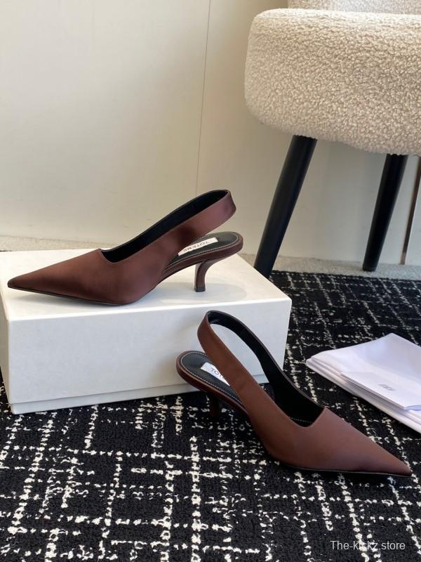 2025 Women Toteme Brown Satin Slingback Pointed Toe Heels