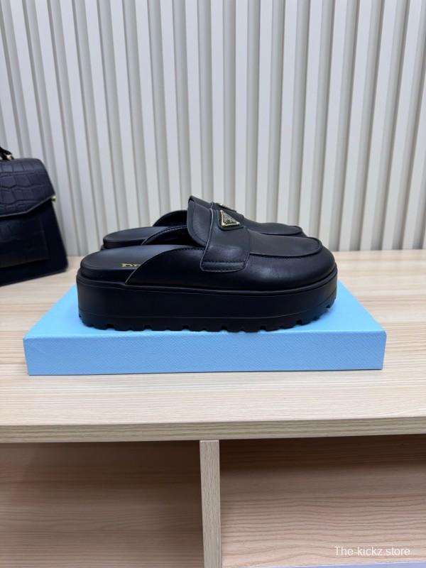 2025 Women Prada Black Leather Platform Loafers