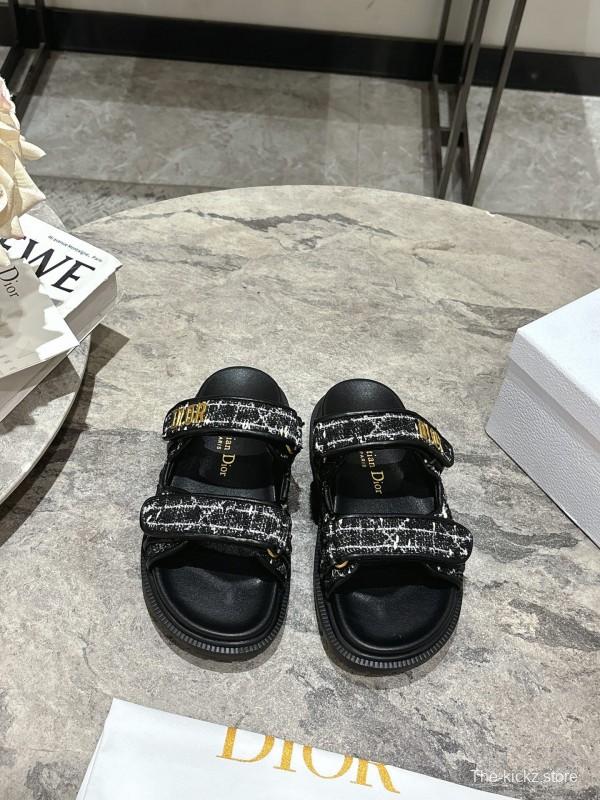 2025 Women Dior Black White Fabric Leather Sandals KFY00300