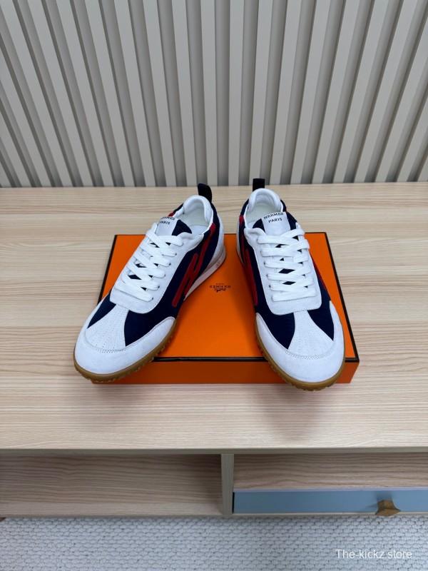 2025 Unisex Hermès White Navy Red Suede Down Fabric Sneakers KFY00300