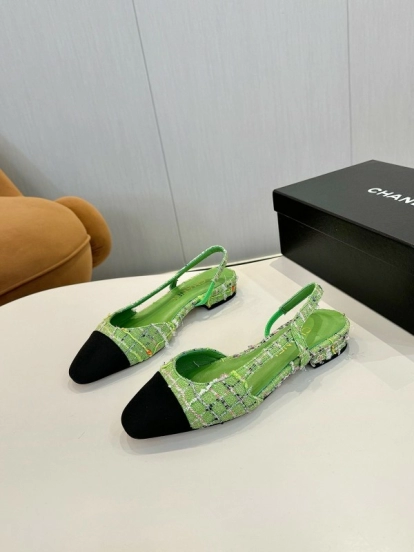 2025 Women Chanel Green Black Tweed Leather Slingback Flats LY00240
