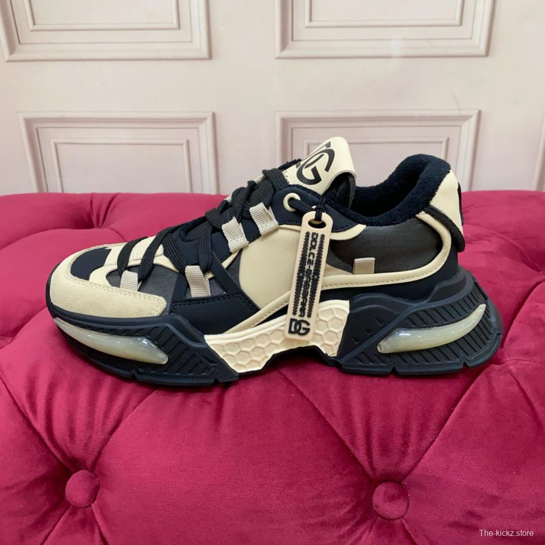 2024 Unisex Dolce & Gabbana Black Beige Wool Leather Sneakers MJ00340