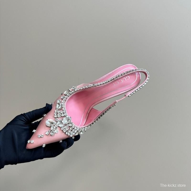 2025 Women Gucci Pink Silk Slingback High Heel Crystal MJ00340