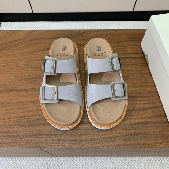 2025 Unisex Brunello Cucinelli Light Grey Suede Casual Sandals With Adjustable Buckles KFY00250
