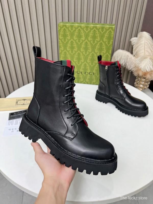 2024 Women Gucci Black Leather Lace-Up Combat Boots Red Green Web MJ00340