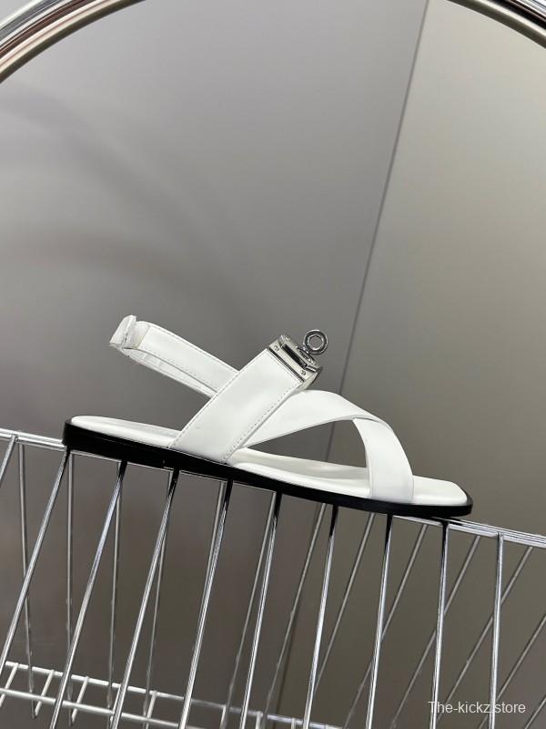 2025 Women Hermès White Calf Leather Sandals Metal Buckle KFY00300