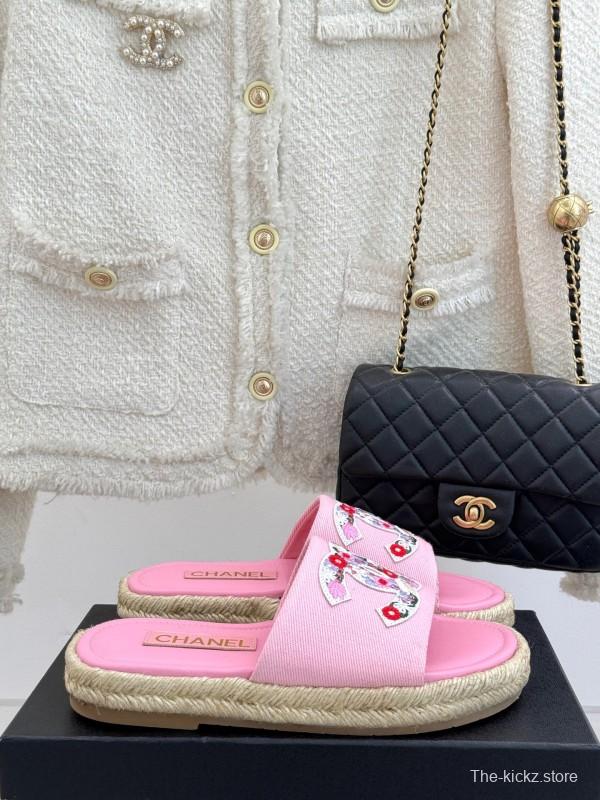 2025 Slippers Chanel Pink Canvas Embroidered KFY00230