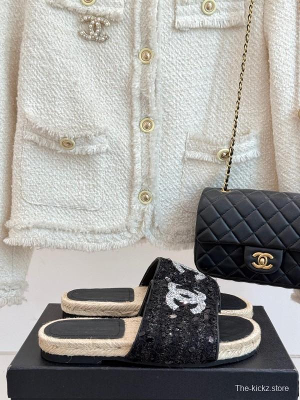2025 Women Chanel Black Sequin Espadrille Slides Classic Double C Logo Handmade Braided Sole KFY00240(F)