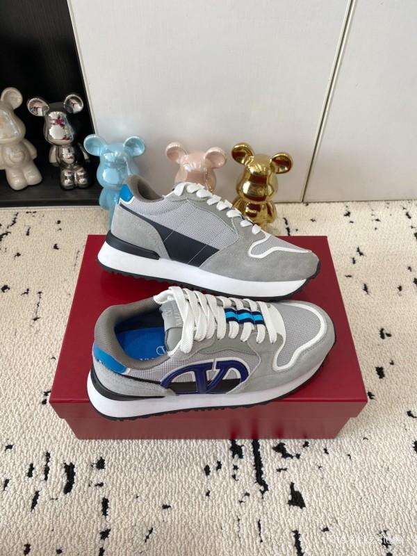 2025 Unisex Valentino Grey Blue White Leather Silk Glossy Running Sneakers LY00340