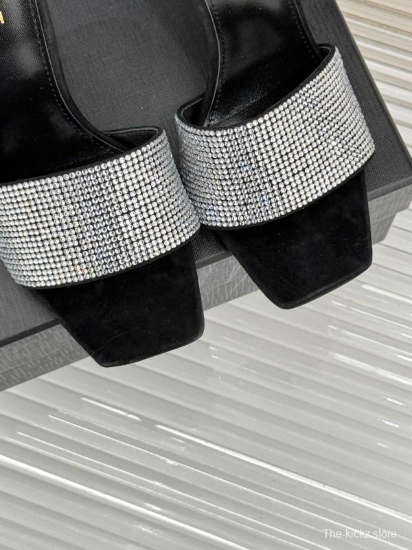 2025 Women Yves Saint Laurent Black Silver Crystal Leather Heeled Slippers LY00300