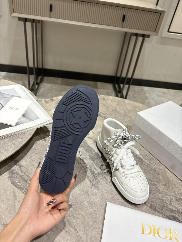 2025 Women Dior White Leather Mesh High-top Sneakers