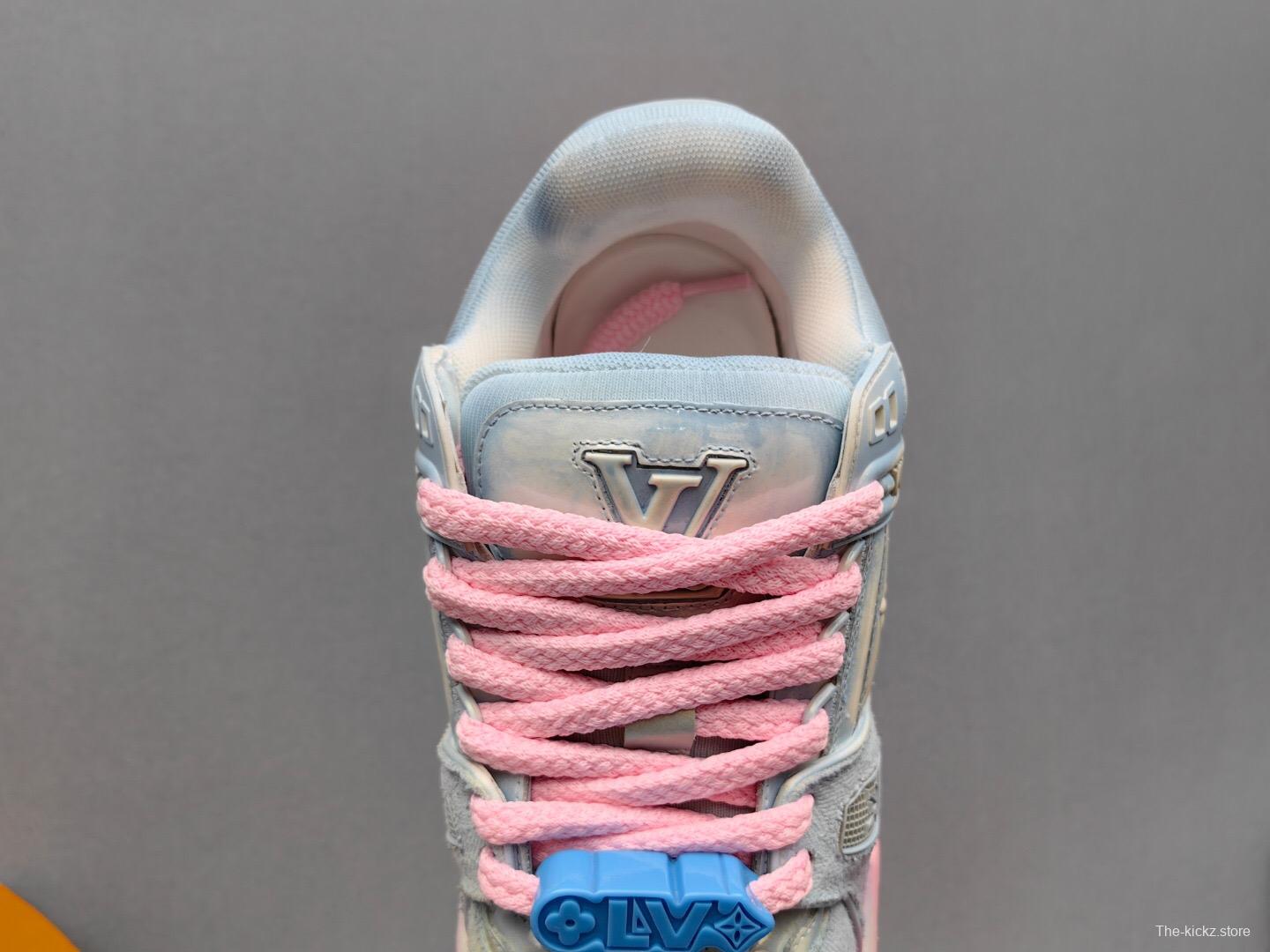 2025 Unisex Louis Vuitton Pink Grey Denim Sneakers KFY00510