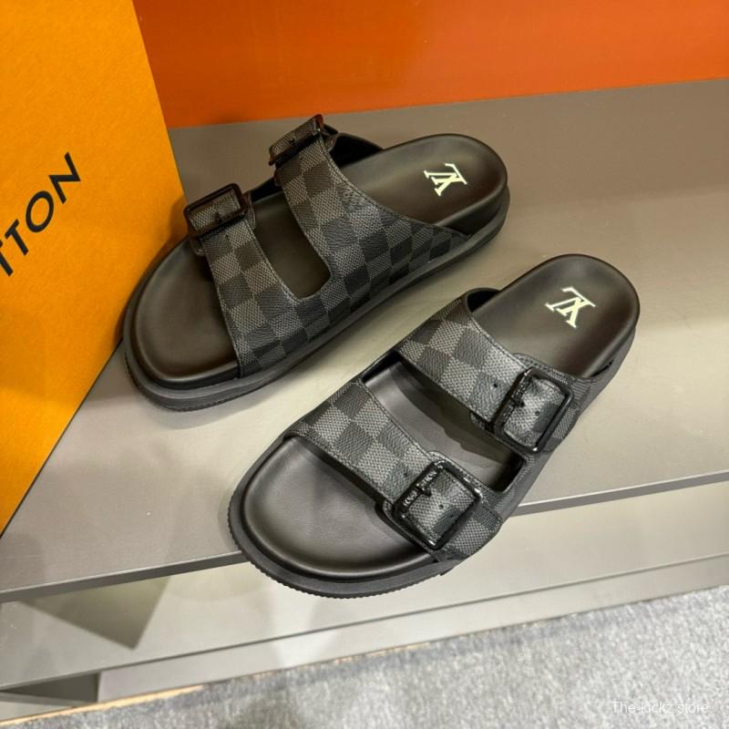2024 Slippers Louis Vuitton Grey Black Leather Slippers