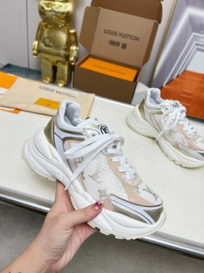 2025 Women Louis Vuitton White Beige Mesh Leather Sneakers LY00340
