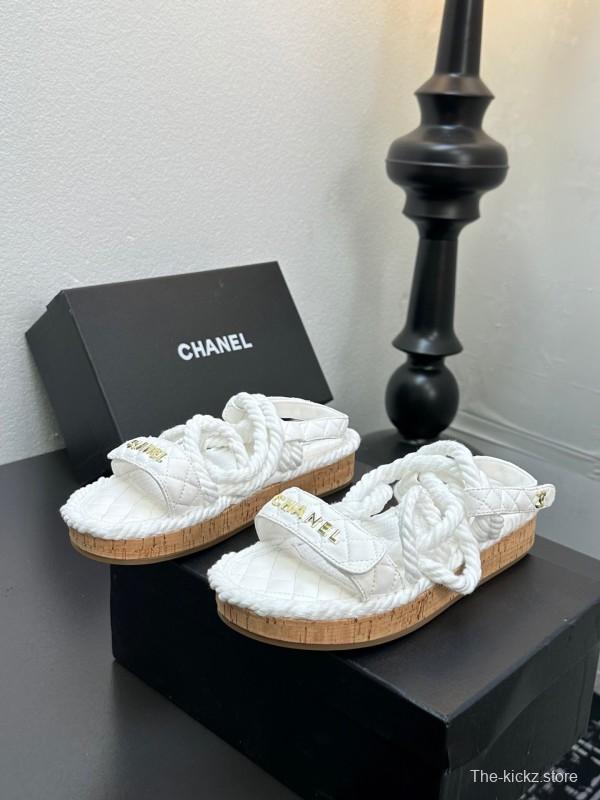 2025 Women Chanel White Leather Roped Espadrille Sandals LY00260