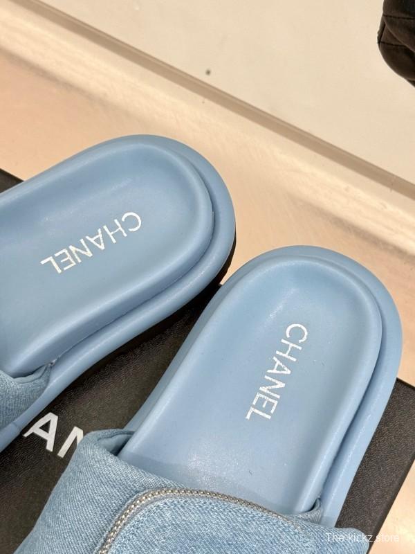 2025 Slippers Chanel Light Blue Denim Slippers KFY00220