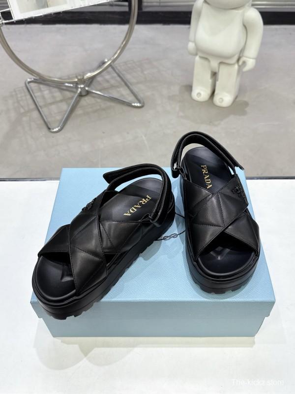 2025 Women Prada Black Leather Sandals
