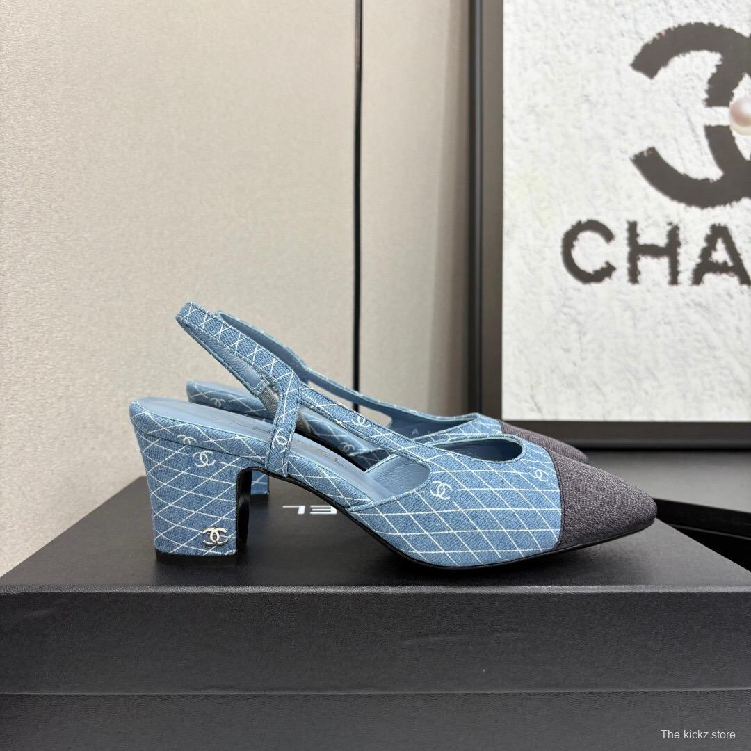 2025 Women Chanel Blue Grey Denim Leather Slingback Shoes