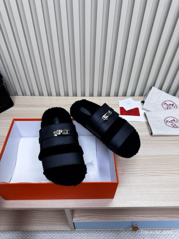 2024 Women Hermès Black Leather Shearling Slippers
