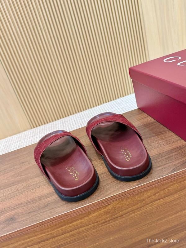 2025 Women Gucci Red Suede Leather Slippers