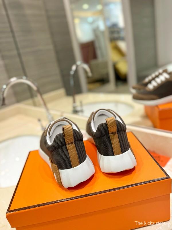 2024 Unisex Hermès Brown Khaki Mesh Suede Sneakers