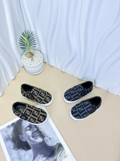 2024 Kids Fendi Black Brown Canvas Slip-On Shoes