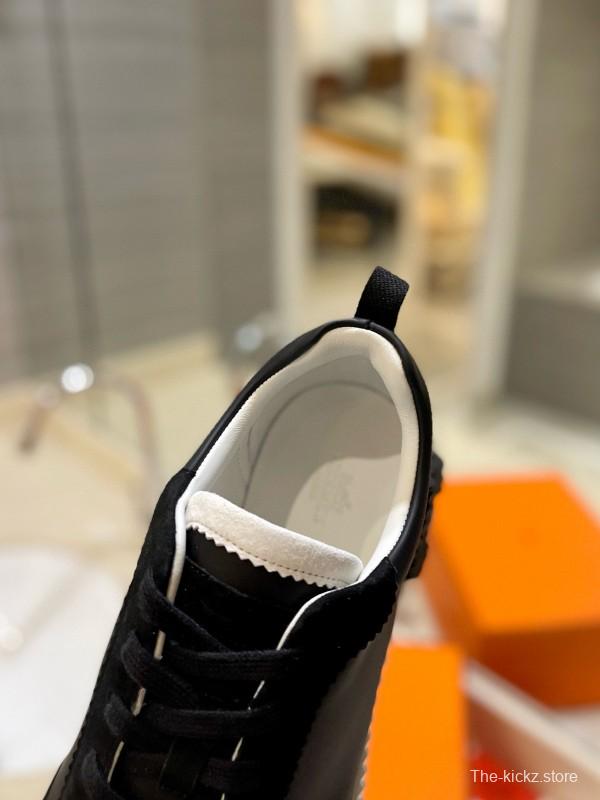 2024 Unisex Hermès Black White Leather Rainproof Fabric Casual Sneakers MJ00320