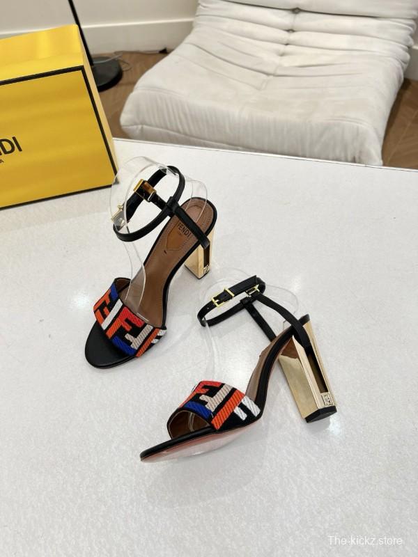 2025 Women Fendi Black Multicolor Leather Suede Sandals MJ00280