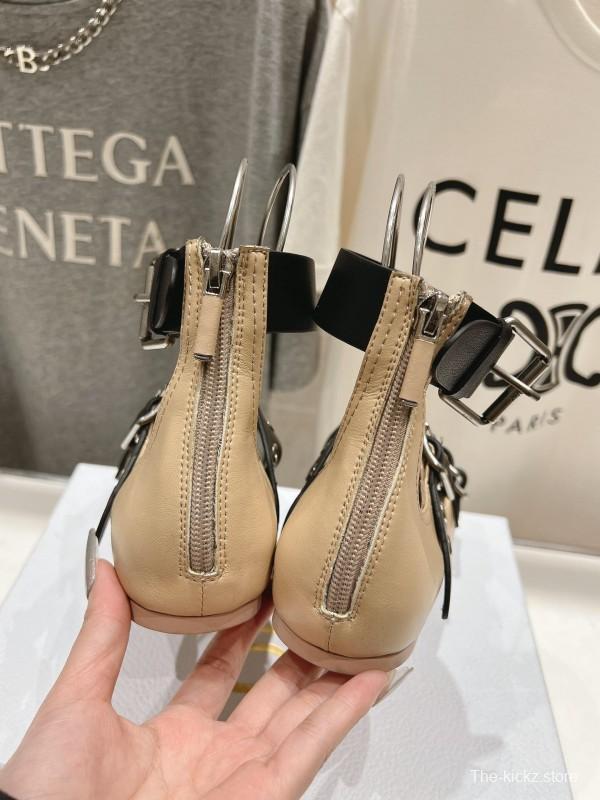 2025 Women Dior Beige Black Leather Mary Jane Buckle Flats