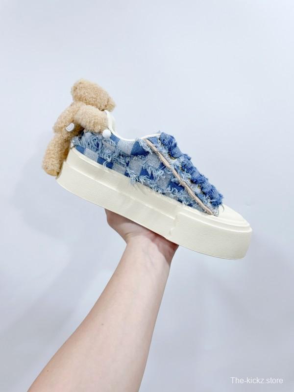 2025 Women 13DE MARZO Blue White Canvas Leather Casual Shoes Teddy Bear KFY00280