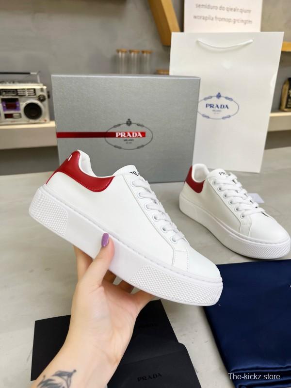 2024 Unisex Prada White Red Calfskin Silk Thick Sole Sneakers MJ00310