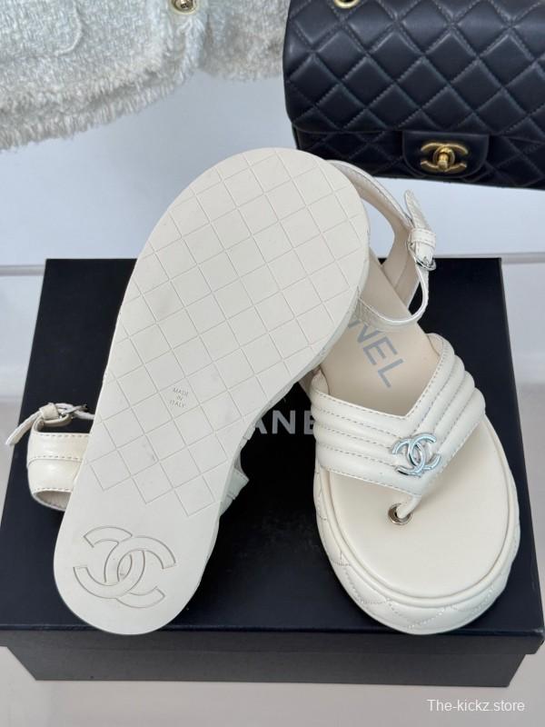 2025 Women Chanel White Leather Sandals