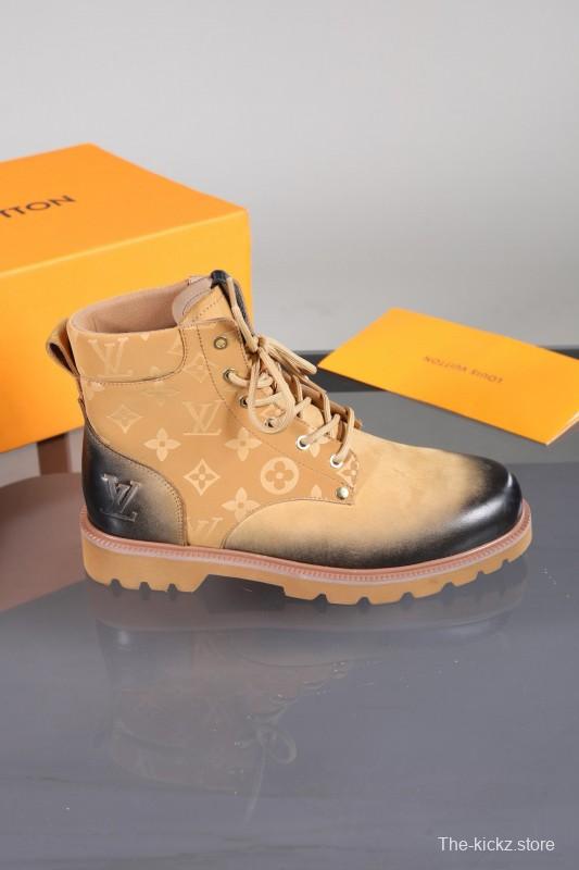 2024 Men Louis Vuitton Beige Black Leather Canvas Boots MJ00470