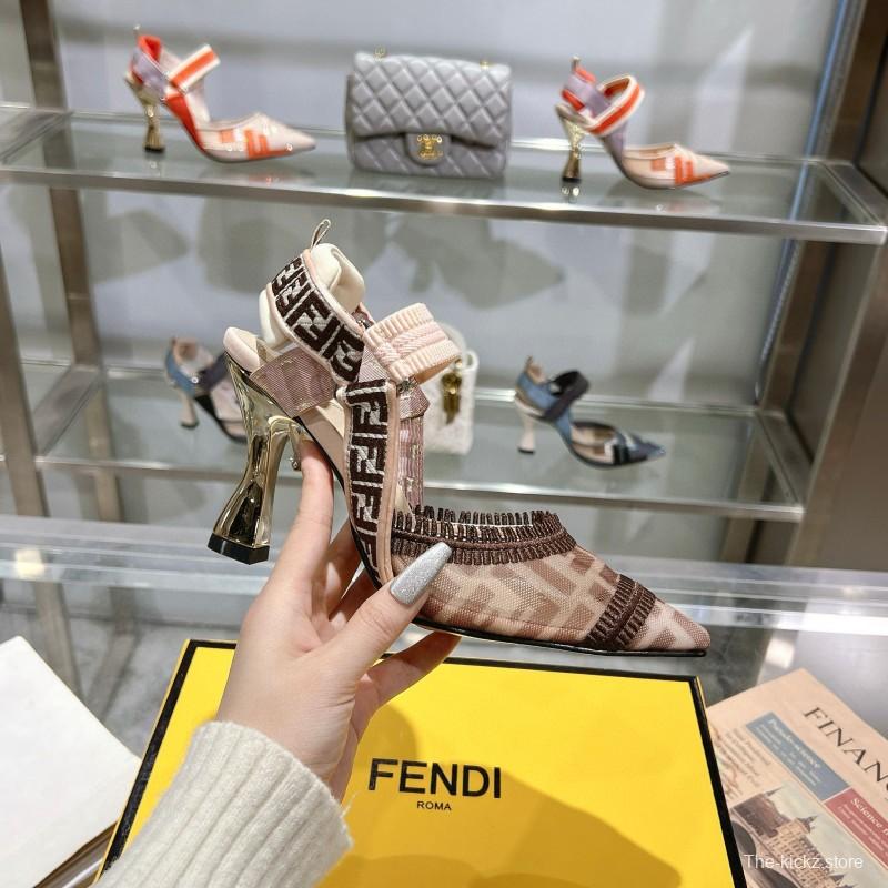 2025 Women Fendi Beige Brown Fabric Leather High Heels MJ00280