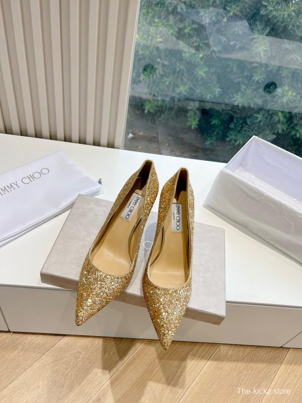 2025 Women Jimmy Choo Gold Crystal Leather Heels KFY00280