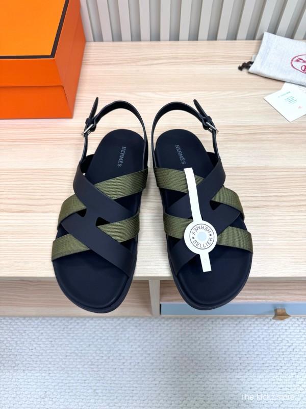 2025 Women Hermès Black Green Leather Nylon Sandals LY00270