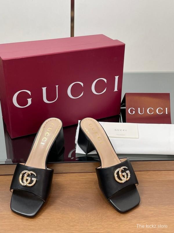 2025 Women Gucci Black Leather Slippers Crystal GG Buckle LY00280