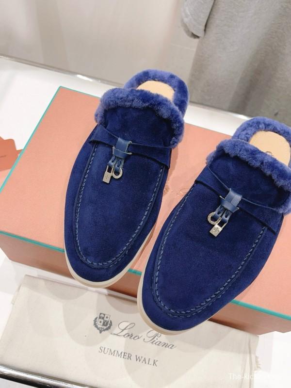 2024 Women Le Parmentier Blue Suede Shearling Loafers