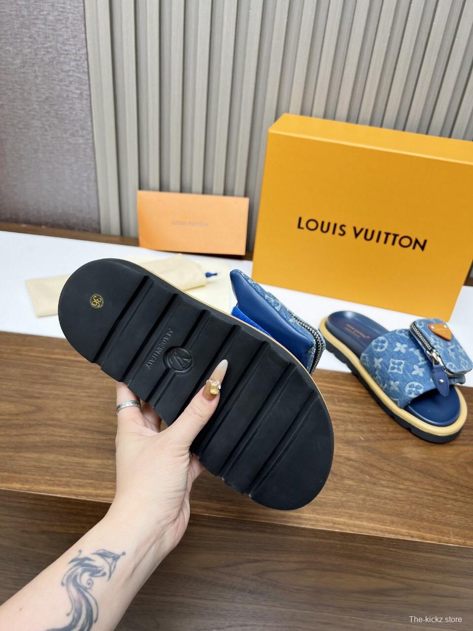 2025 LV Blue Denim Leather Slippers