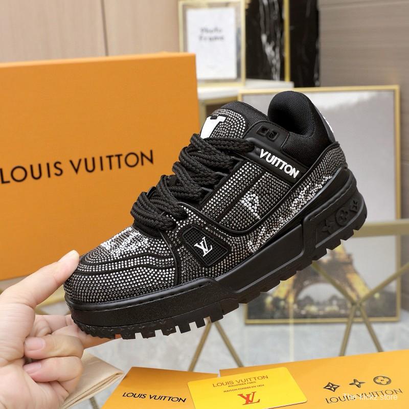 2024 Unisex Louis Vuitton Black Rhinestone Leather LV Trainer Sneakers MJ00430