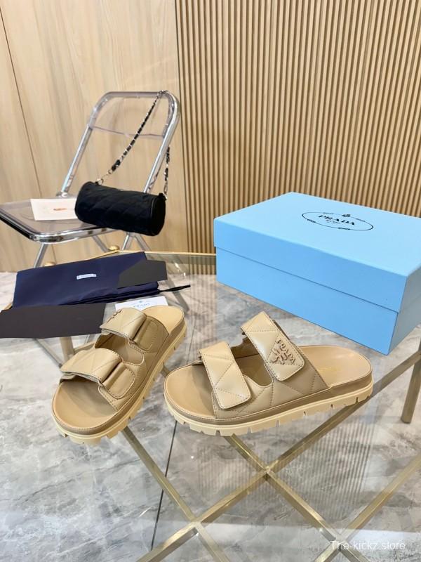 2025 Women Prada Beige Leather Sandals LY00270
