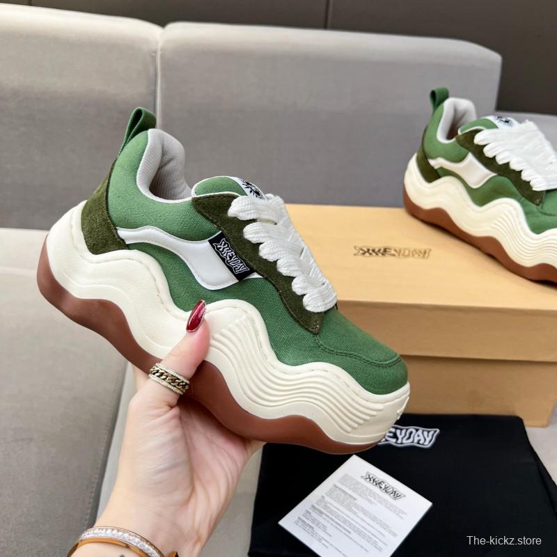 2025 Unisex HEYDAY Green White Canvas Leather Wave Sneakers KFY00260
